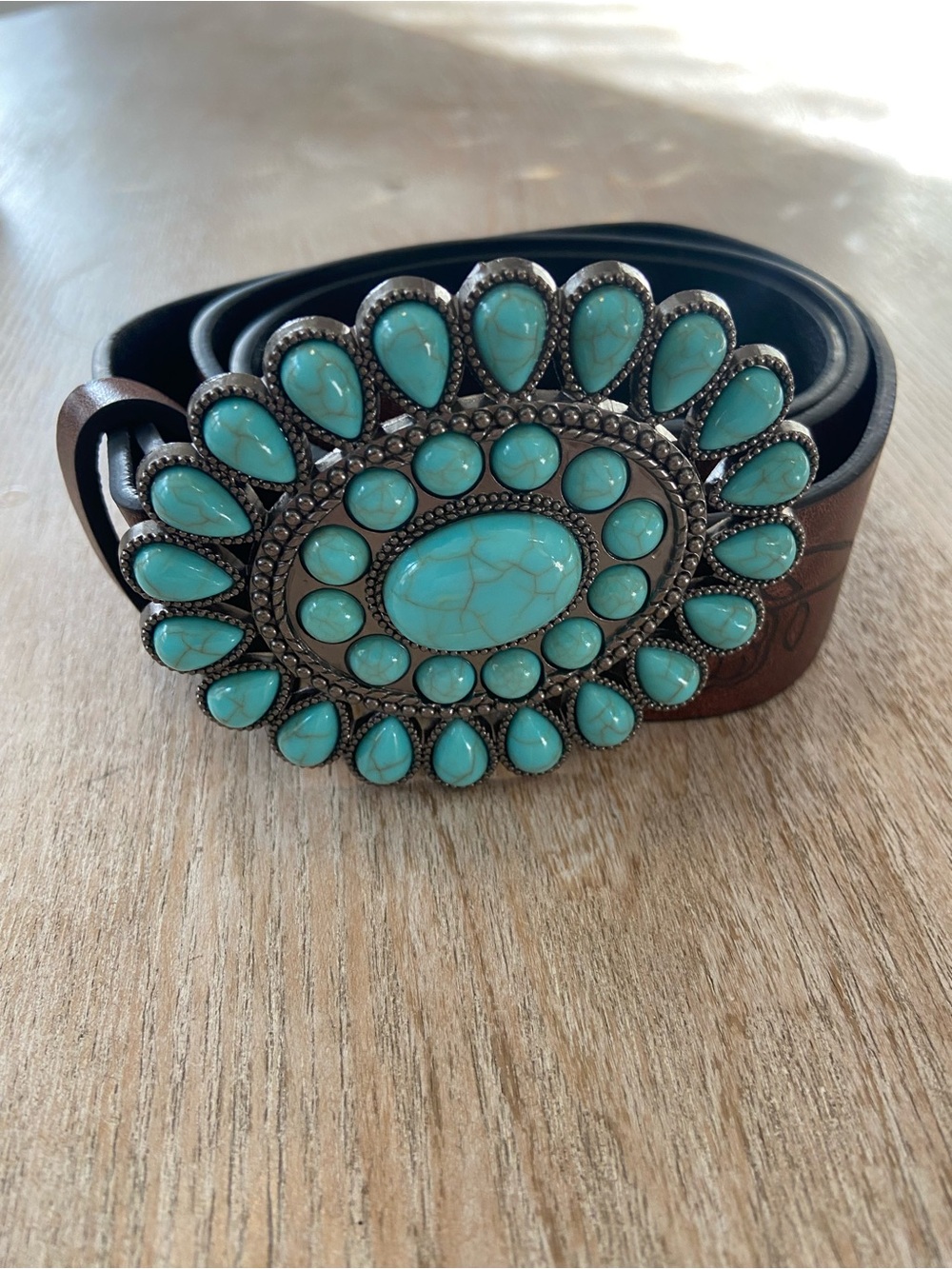 & Other Stories Brown Leather Belt with Turquoise Sunburst Buckle